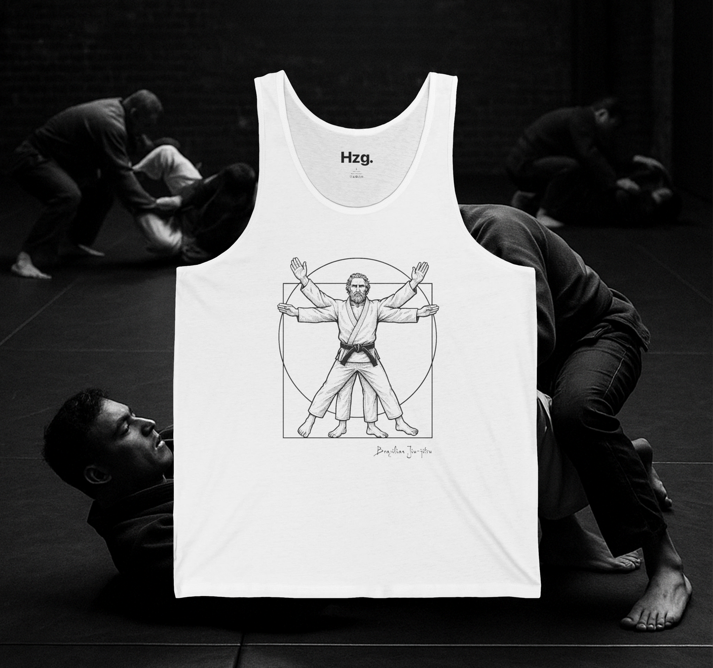 White tank top with martial arts design in a black and white setting