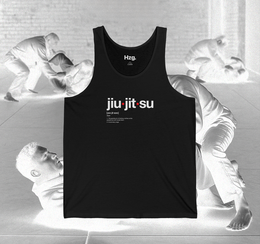 Black tank top with 'jiu jitsu' text on a white background