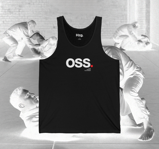 Black tank top with 'OSS' logo on a gray background