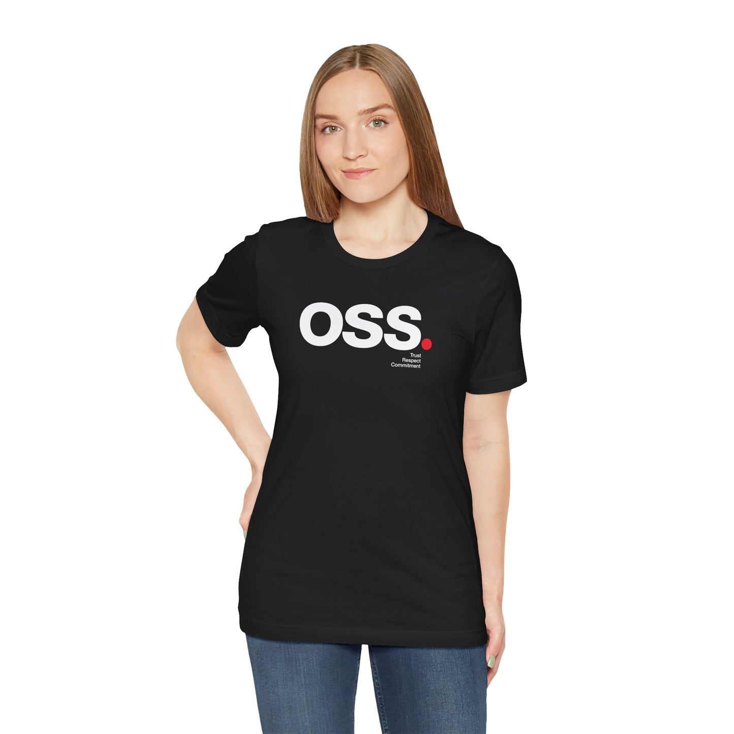 Person wearing a black t-shirt with 'OSS' printed on it against a white background