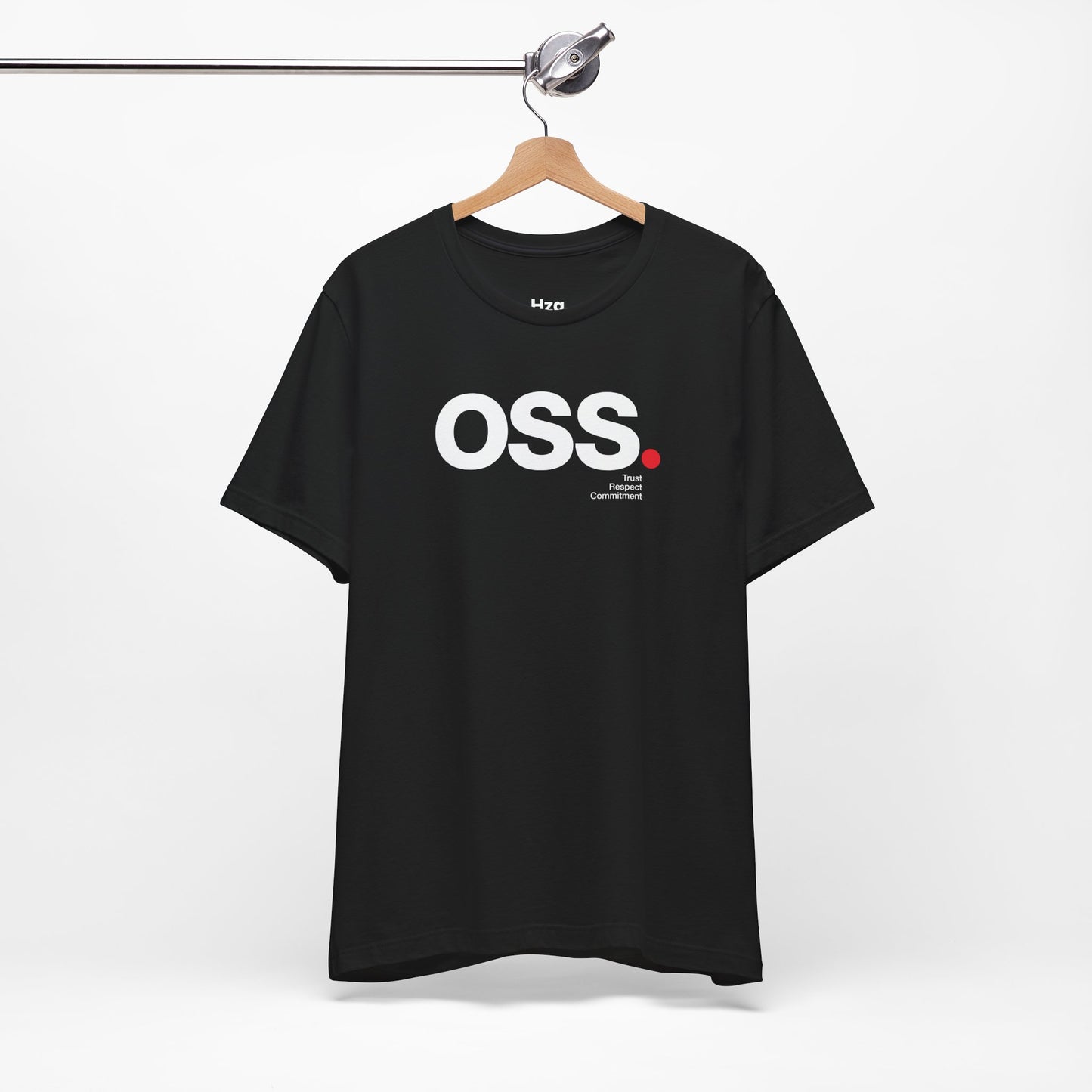 Black t-shirt with 'OSS' logo on a hanger against a white background