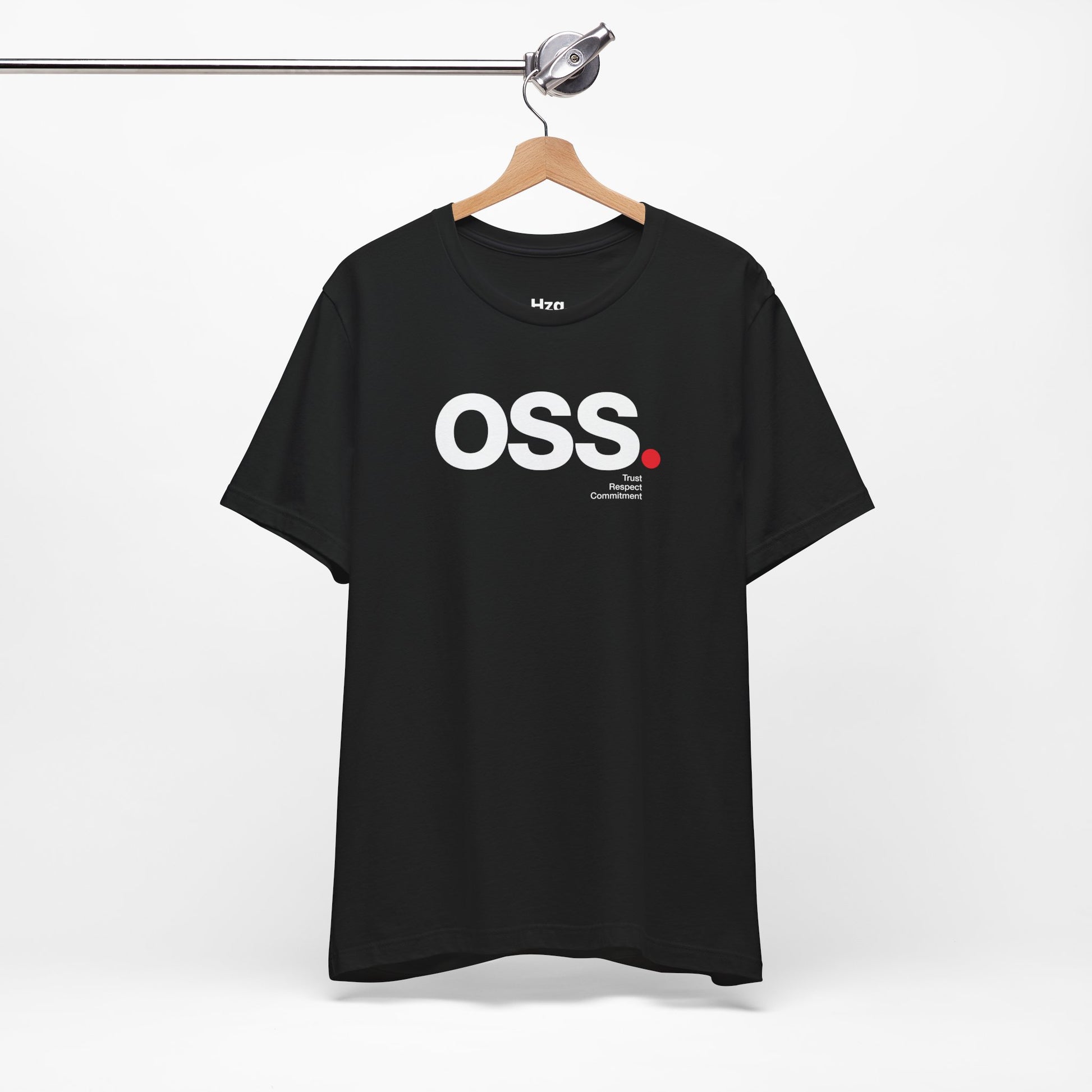 Black t-shirt with 'OSS' logo on a hanger against a white background
