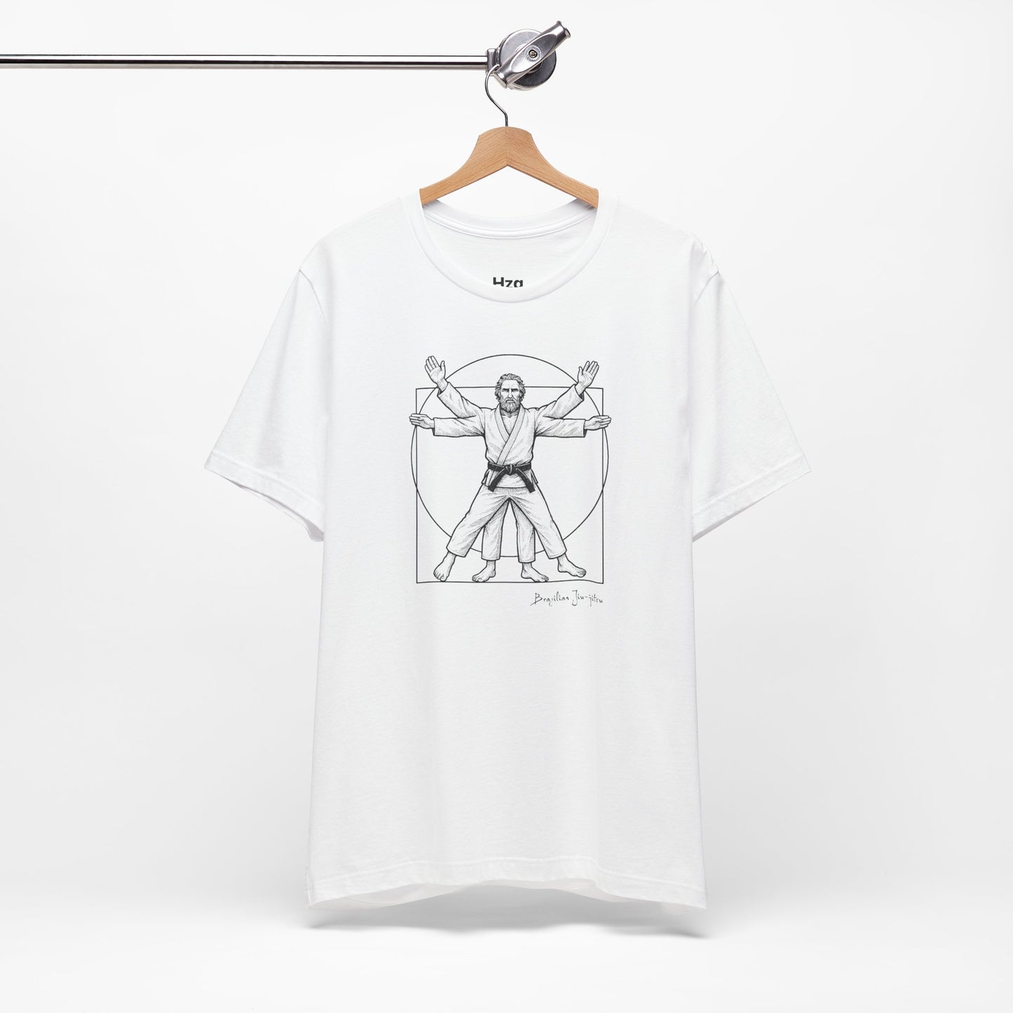 White t-shirt with a graphic design of a person in a martial arts pose, inspired by Leonardo da Vinci's Vitruvian Man, on a white background.