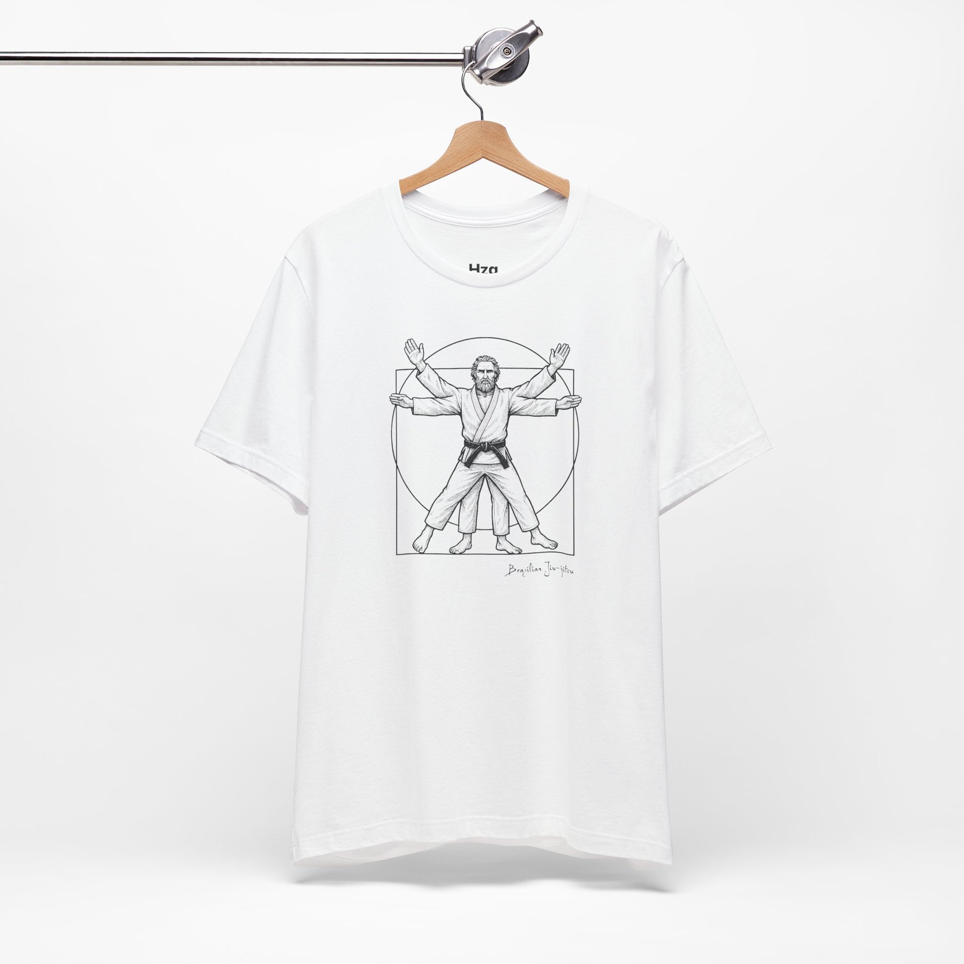 White t-shirt with a graphic design of a person in a martial arts pose, inspired by Leonardo da Vinci's Vitruvian Man, on a white background.