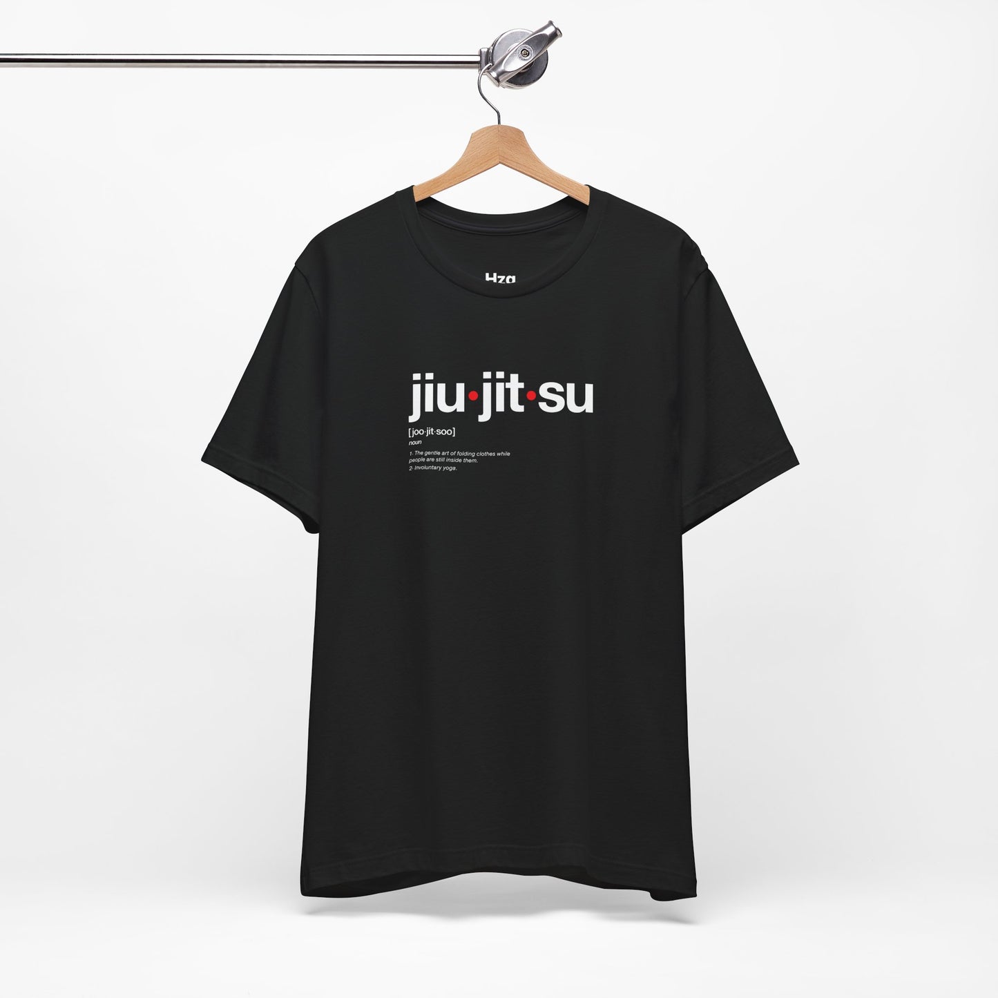Black t-shirt with 'jiu jitsu' text on a hanger against a white background