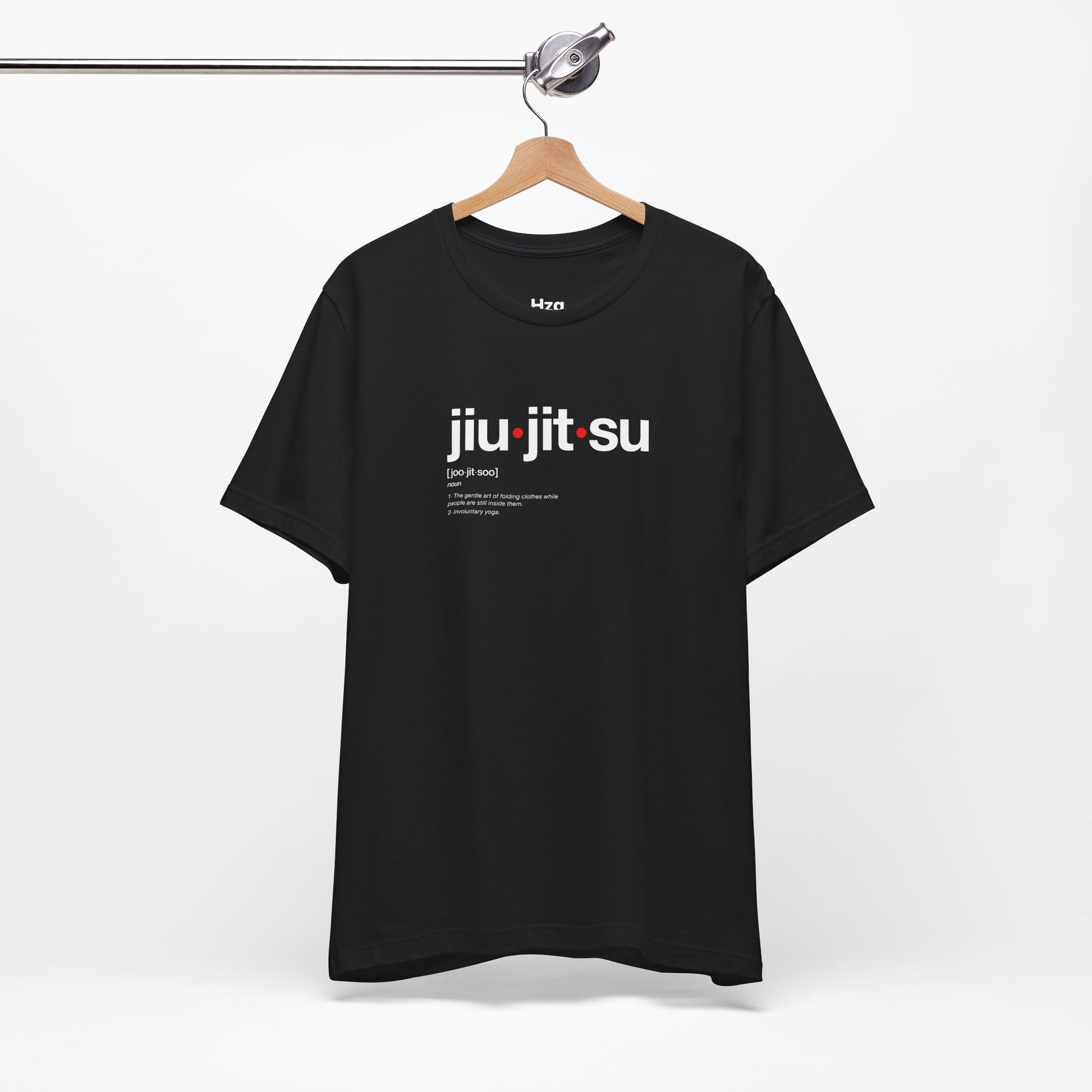 Black t-shirt with 'jiu jitsu' text on a hanger against a white background