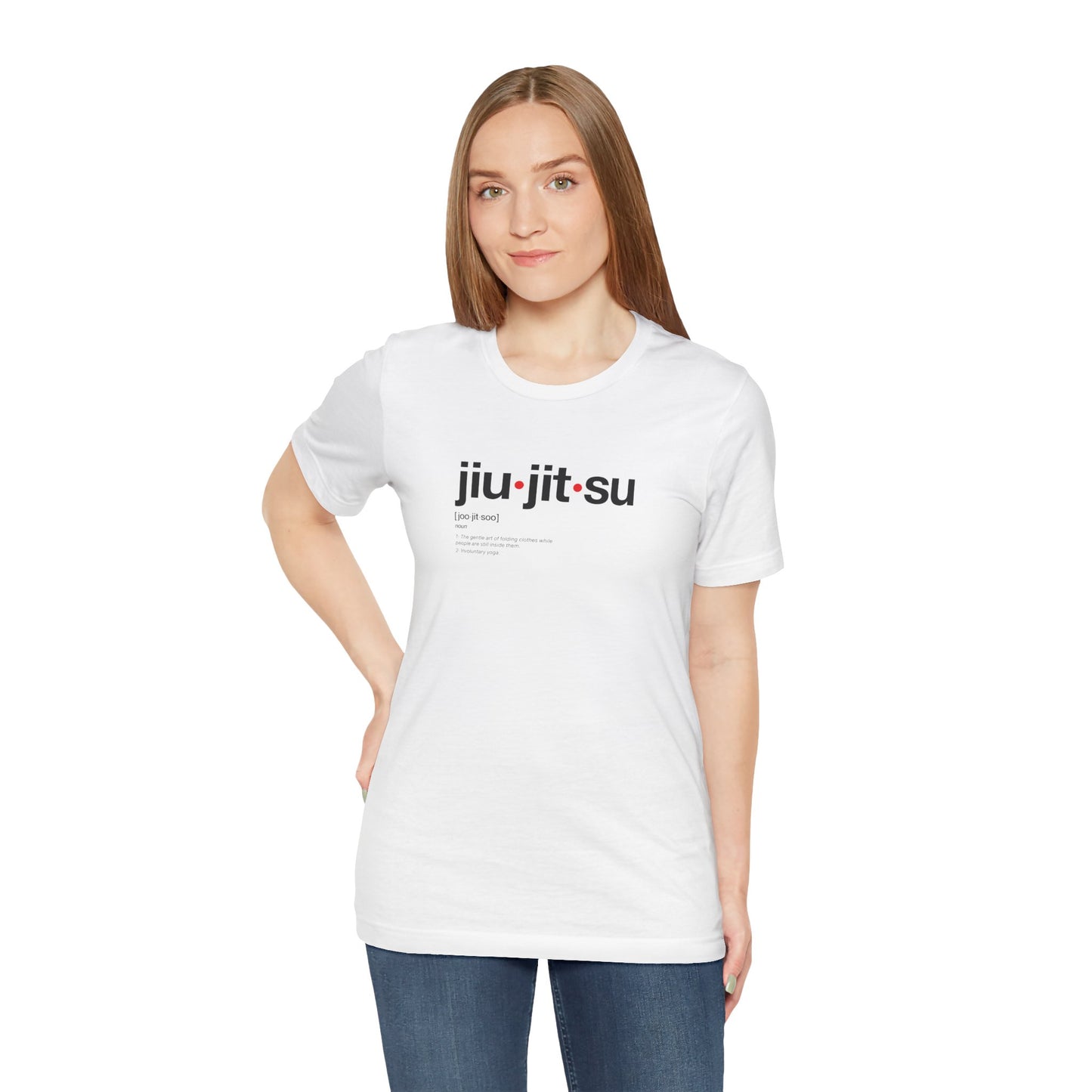 Woman wearing a white t-shirt with 'jiu-jitsu' text on a white background