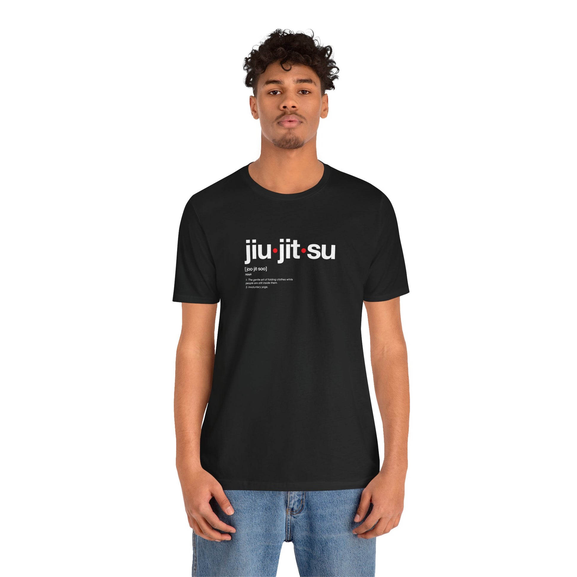 Person wearing a black t-shirt with 'jiu jits su' text on a white background