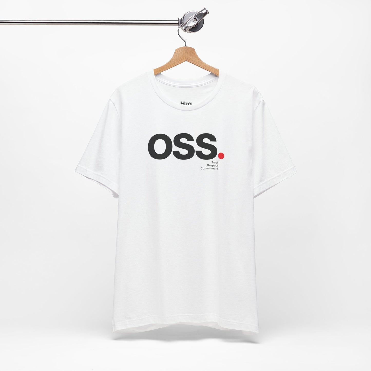 White t-shirt with 'OSS' logo on a hanger against a white background