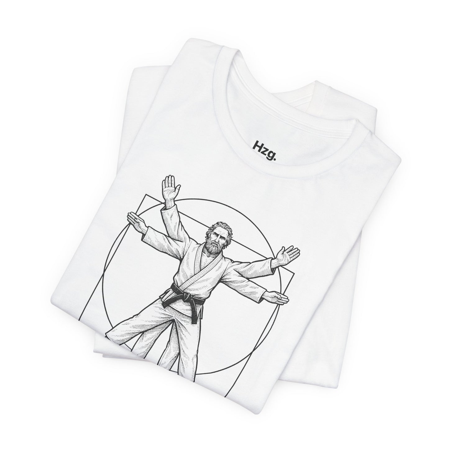 White t-shirt with a black and white graphic design and 'Hzg' branding on a white background
