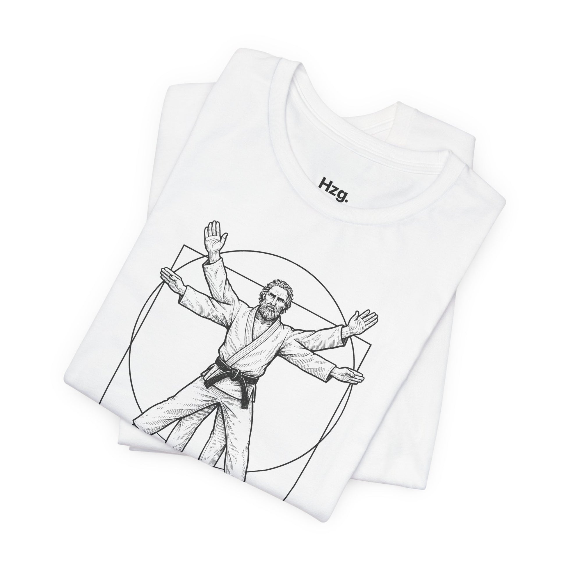 White t-shirt with a black and white graphic design and 'Hzg' branding on a white background