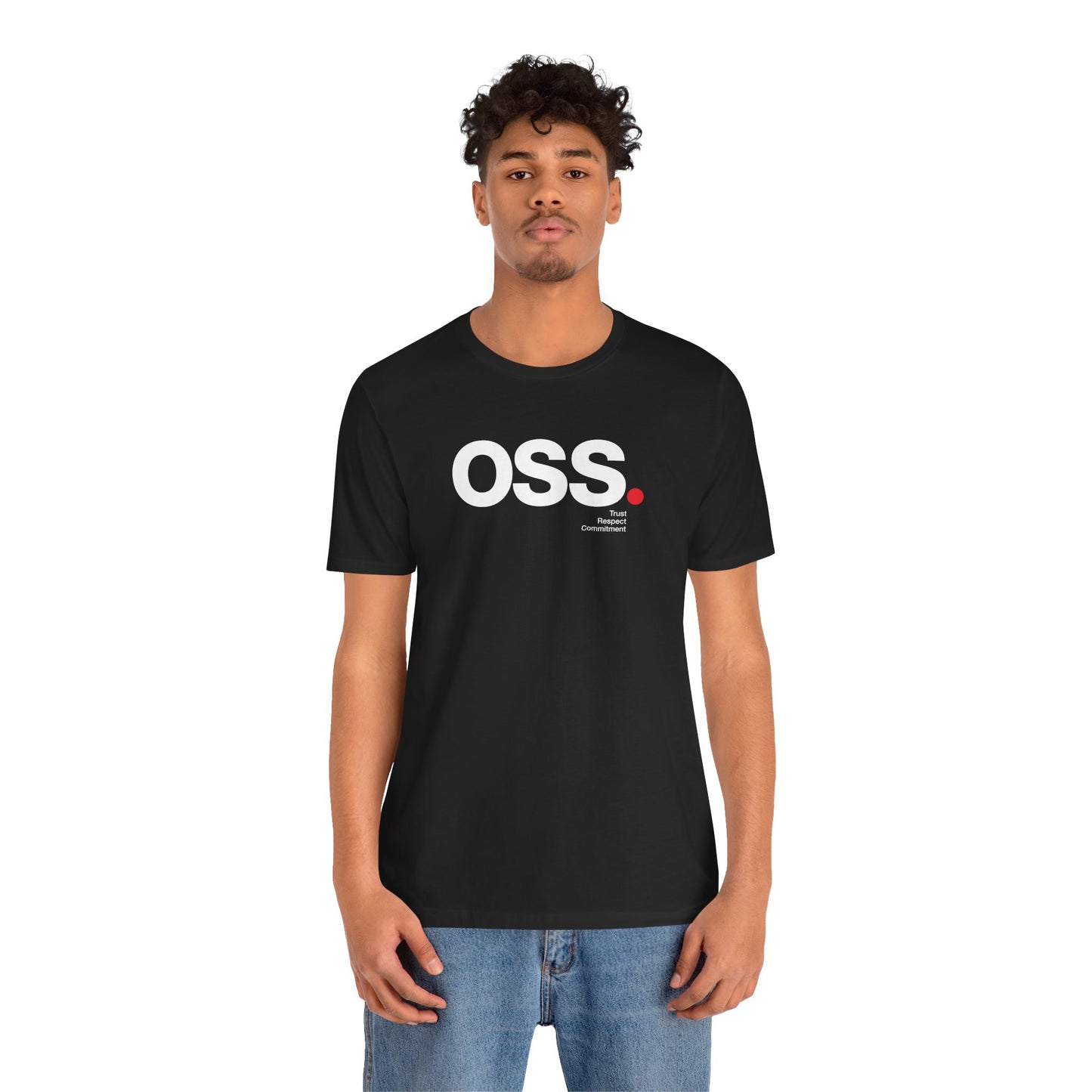 Person wearing a black t-shirt with 'OSS' logo on a white background