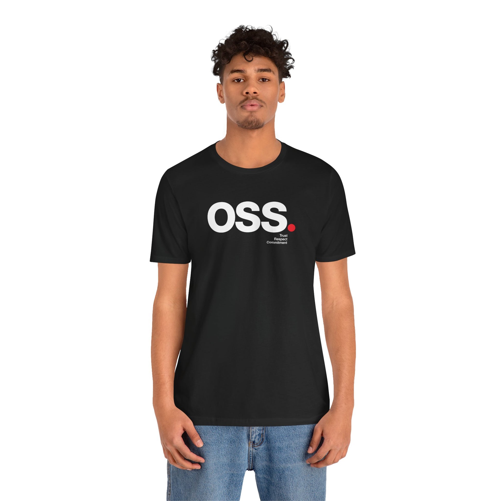 Person wearing a black t-shirt with 'OSS' logo on a white background