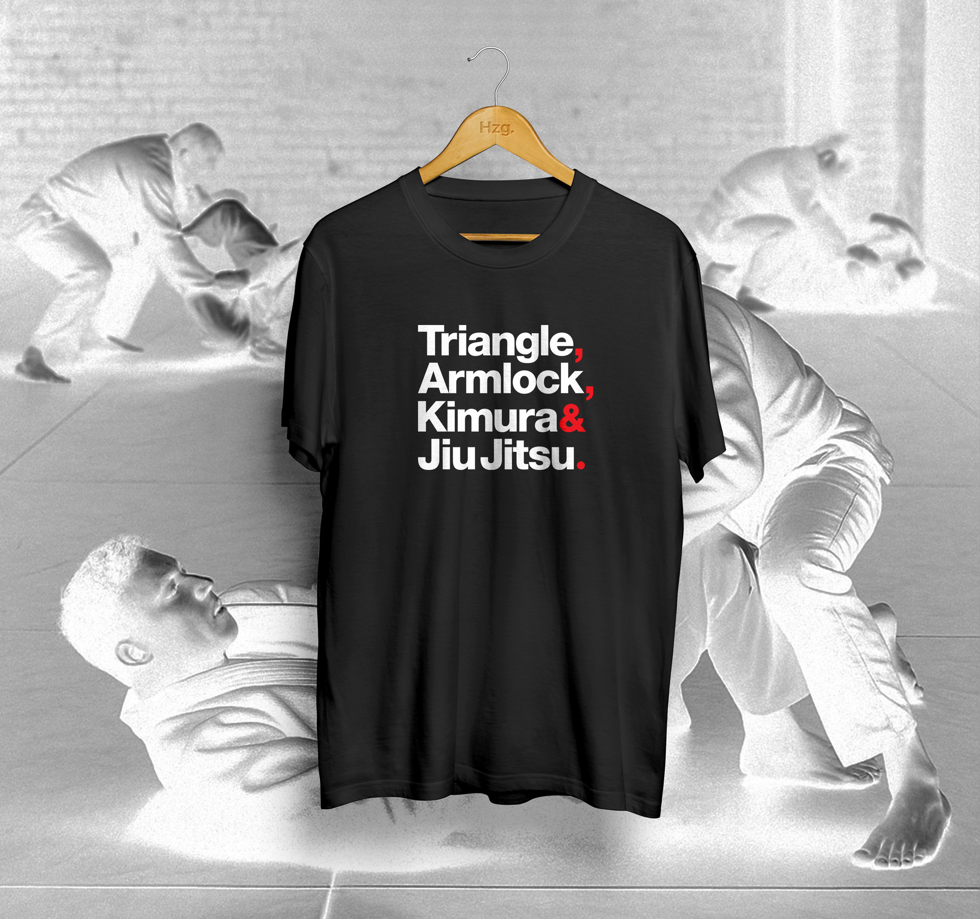 Black t-shirt with martial arts text on a hanger with a martial arts-themed background
