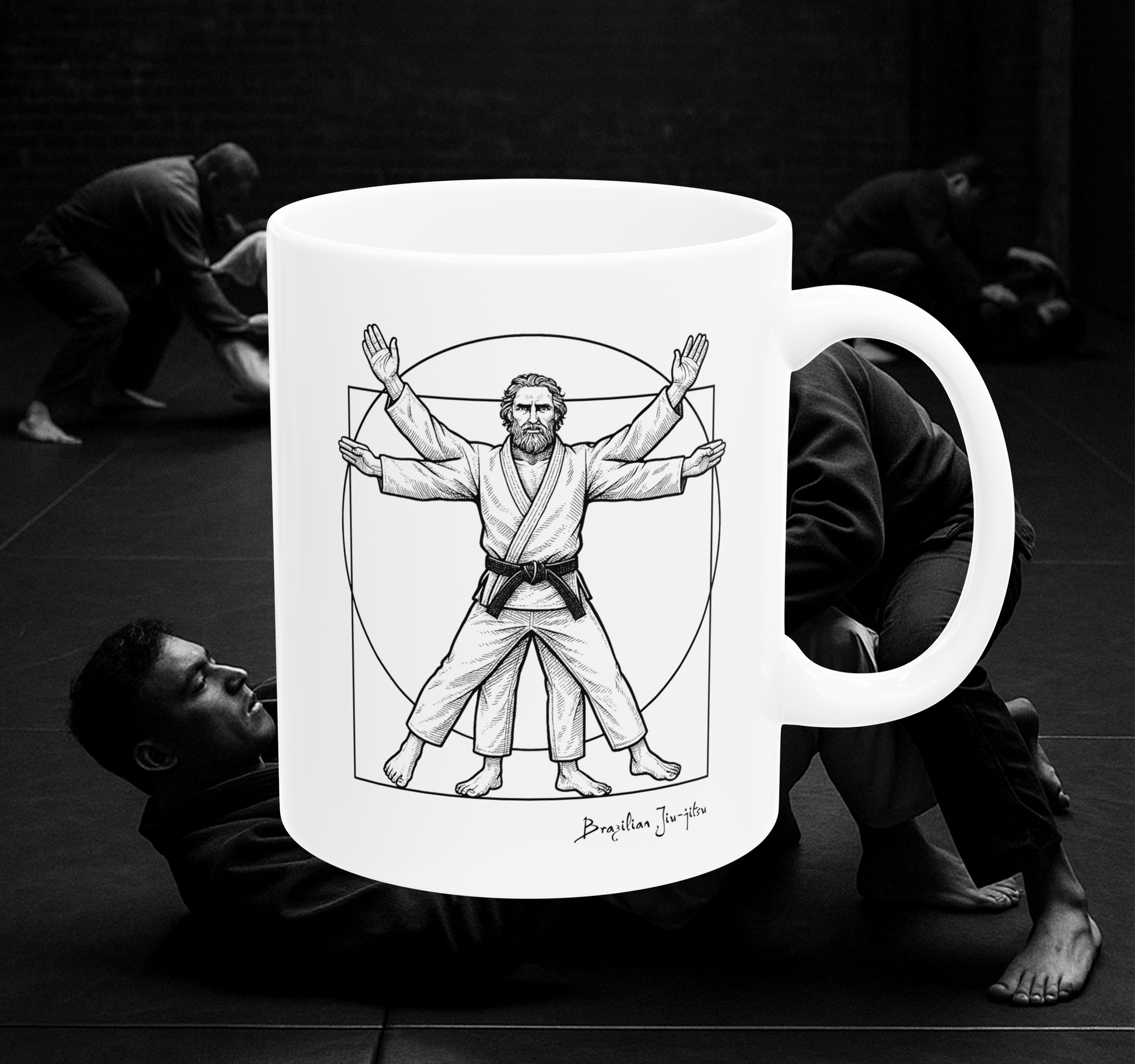 Mug with a design of a person in a martial arts pose, surrounded by people practicing martial arts.