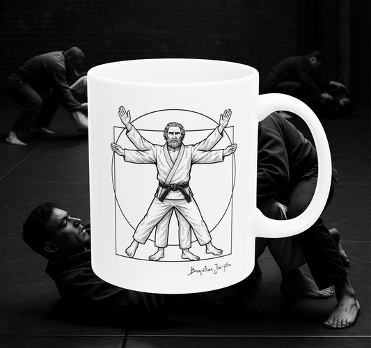 Mug with a design of a person in a martial arts pose, surrounded by people practicing martial arts.