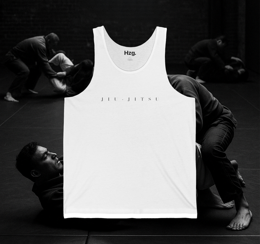 White tank top with 'HZG' branding displayed against a black and white background with people practicing martial arts.