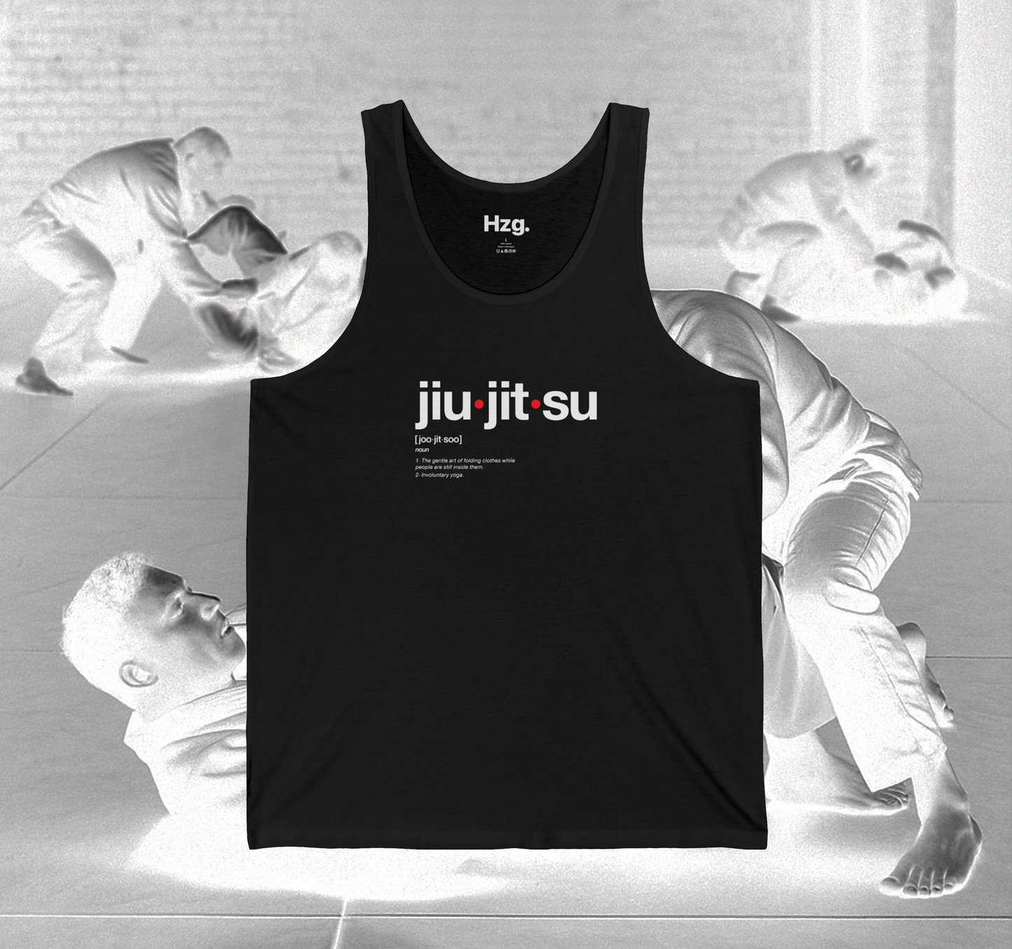 Black tank top with 'jiu jitsu' text on a white background