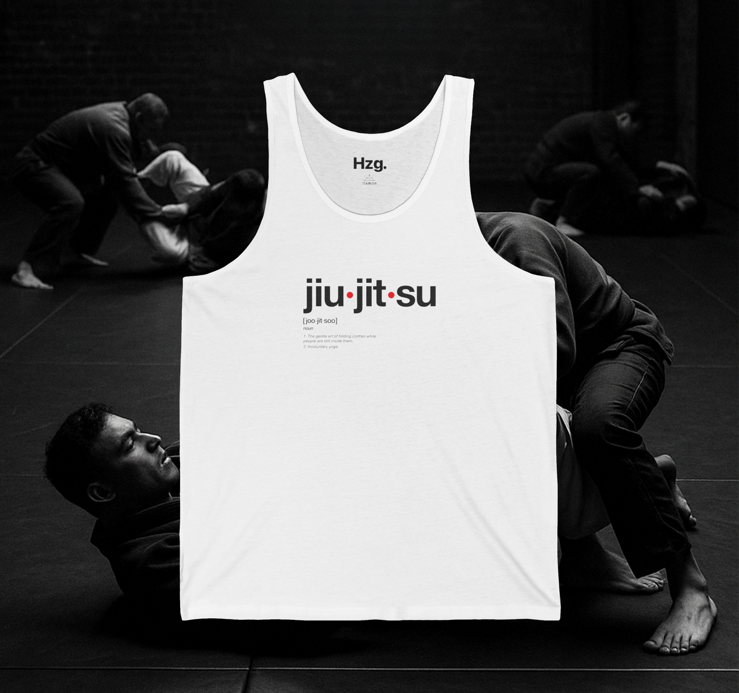 White tank top with 'jiu-jitsu' text on a black background with people practicing martial arts.