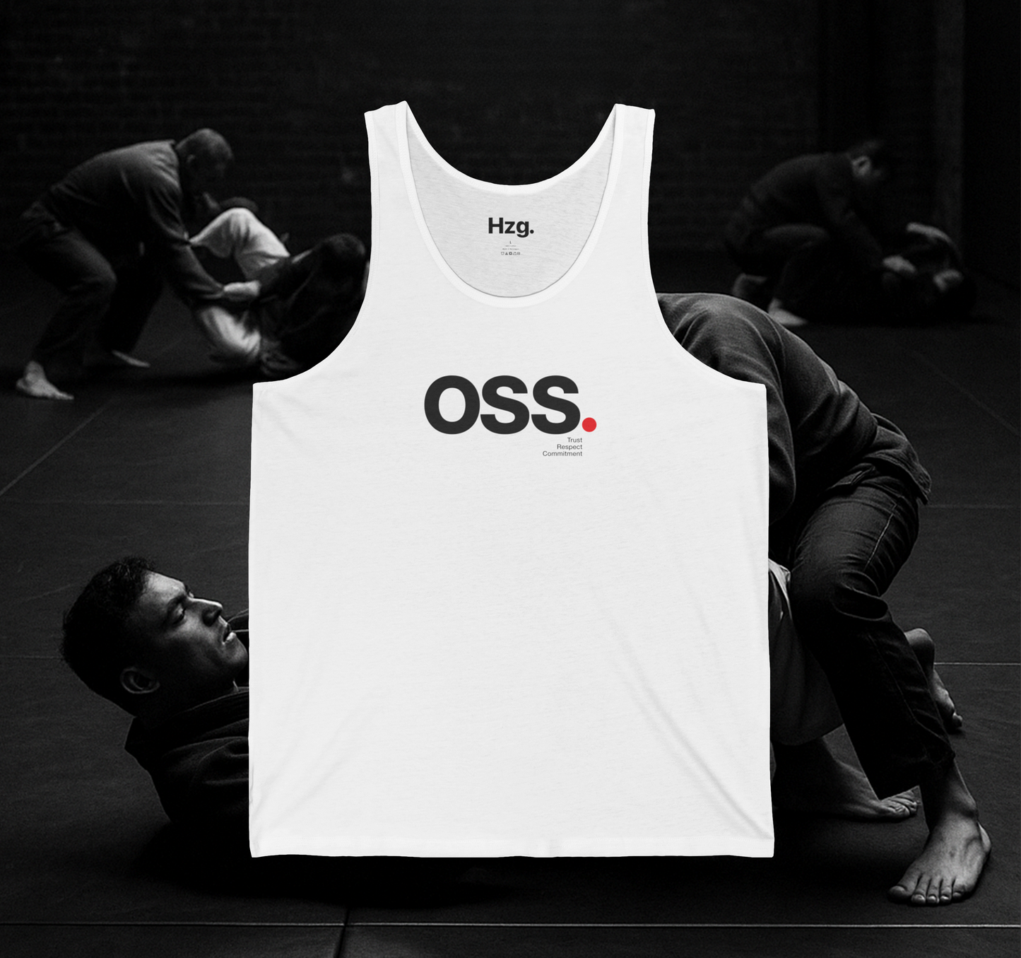 White tank top with 'OSS' logo on a black background with people practicing martial arts.