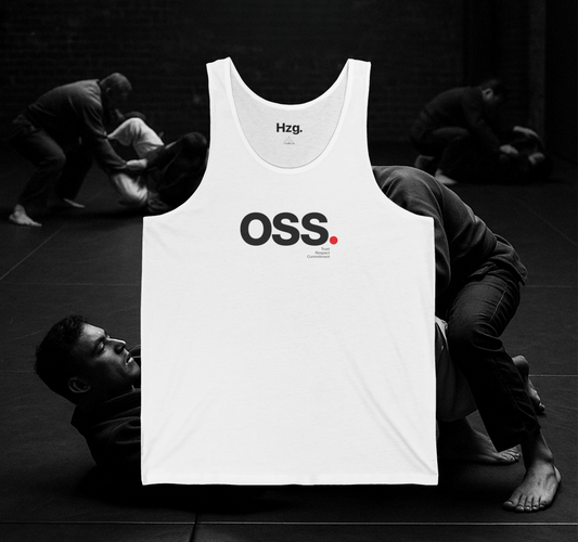 White tank top with 'OSS' logo on a black background with people practicing martial arts.