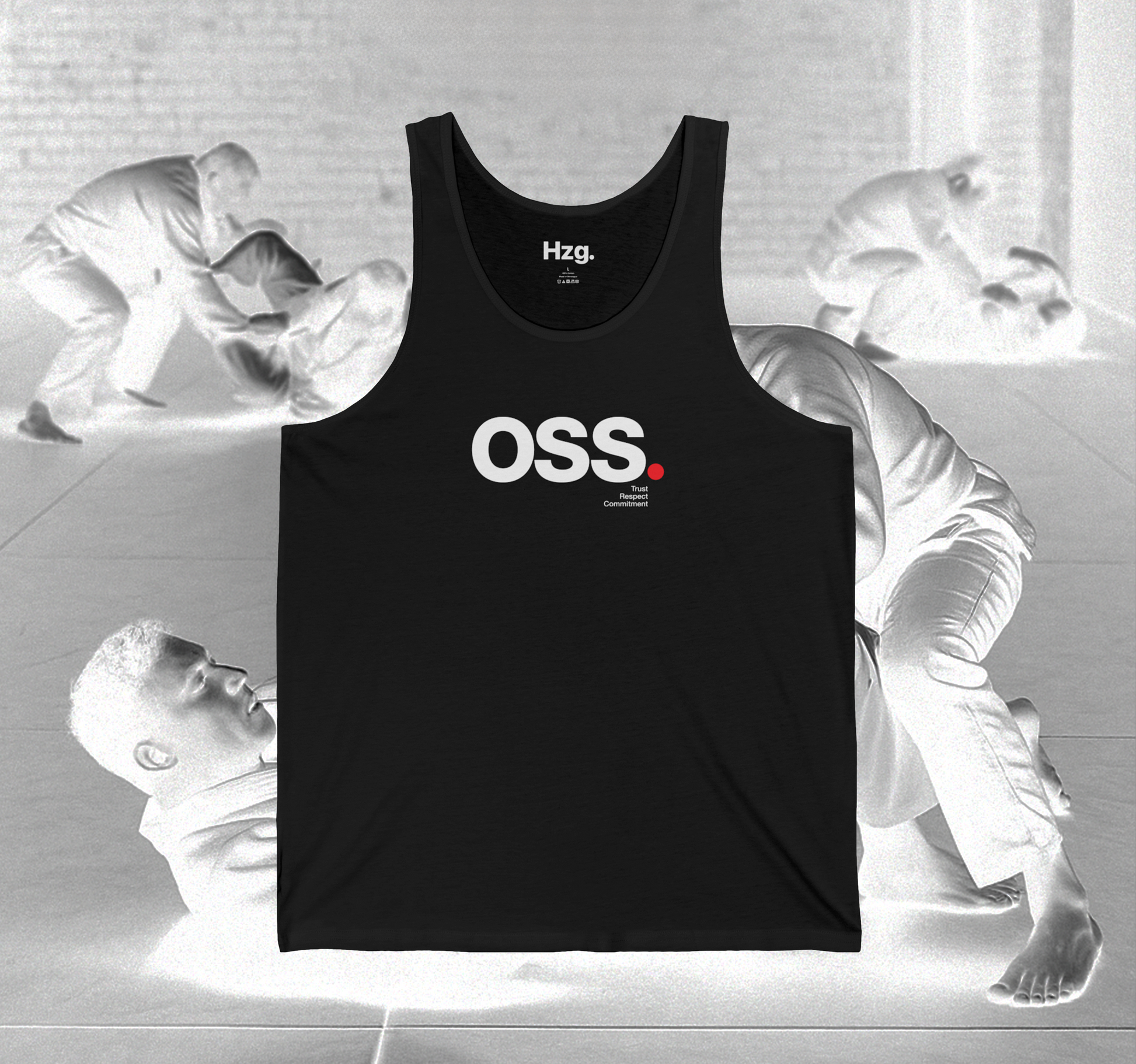 Black tank top with 'OSS' logo on a gray background