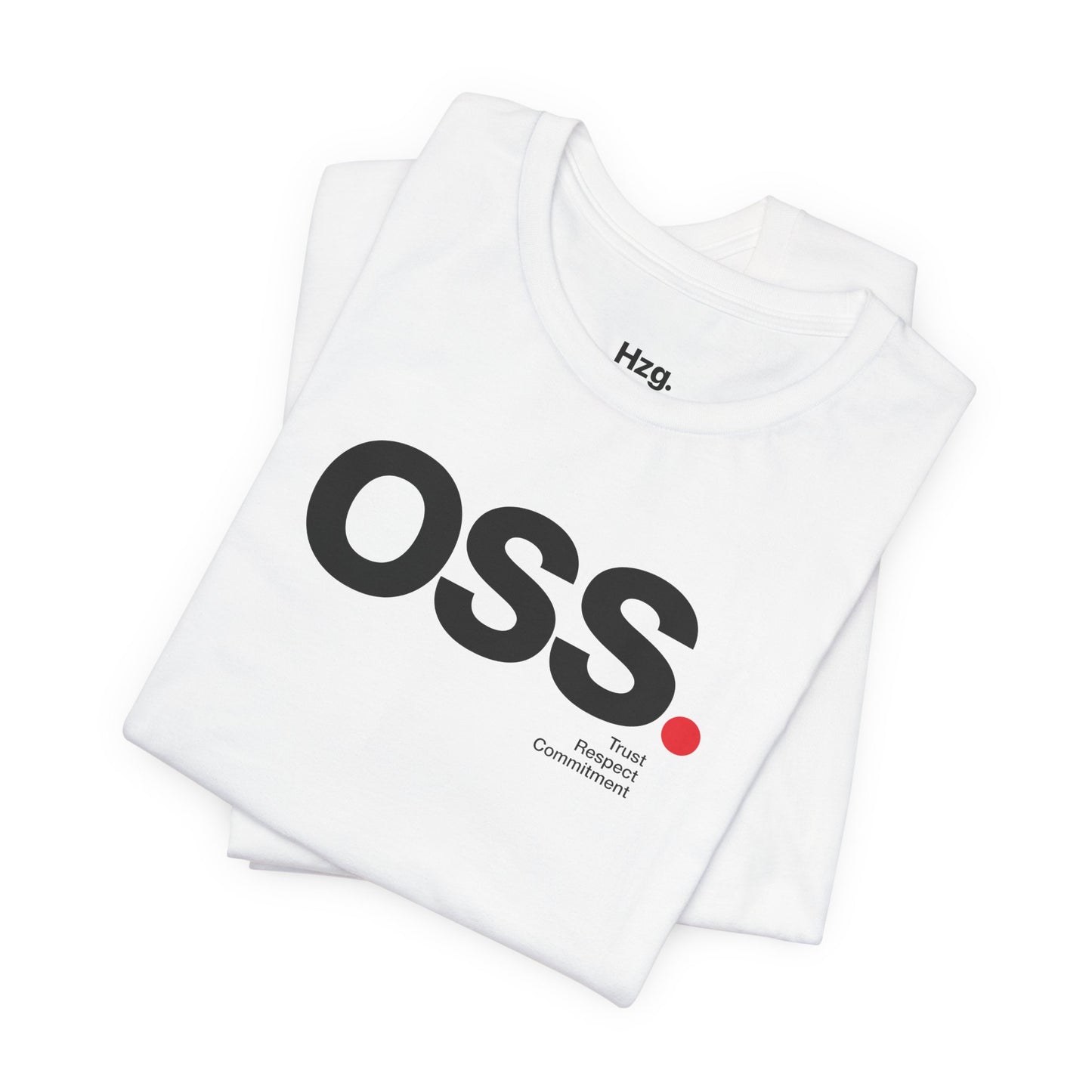 White t-shirt with 'OSS' logo and text on a white background