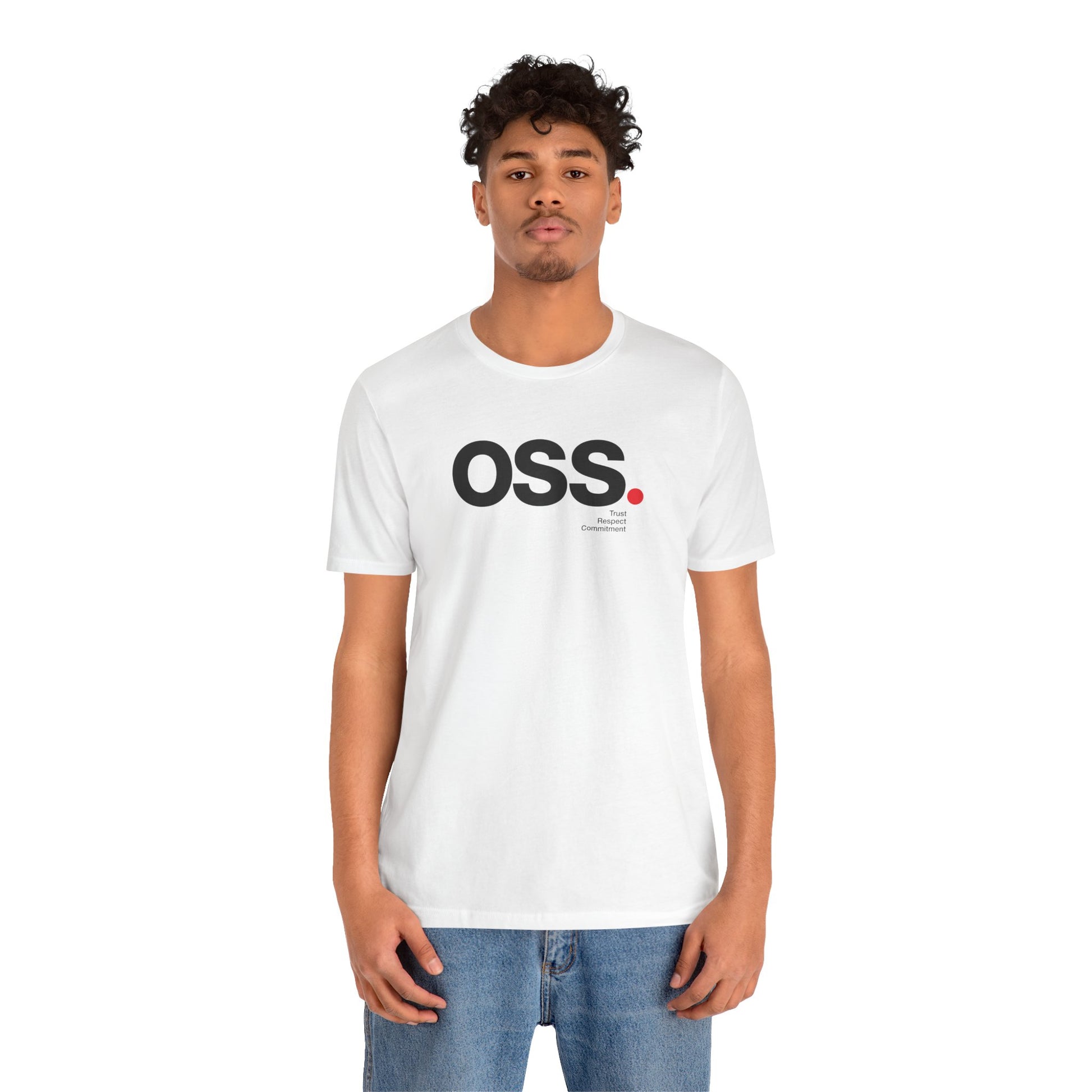 Person wearing a white t-shirt with 'OSS' logo on a white background