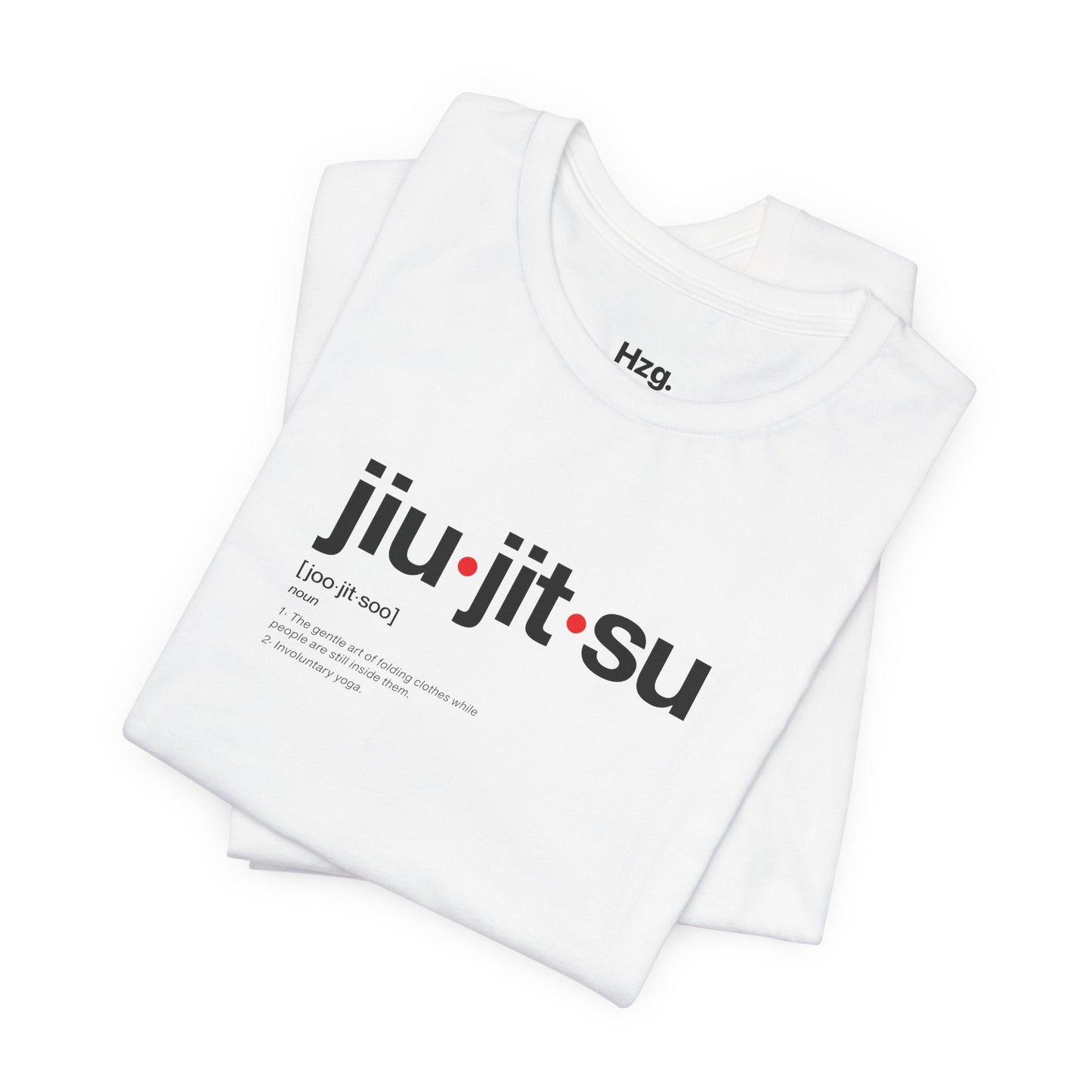 White t-shirt with 'jiu jitsu' text and definition on a white background