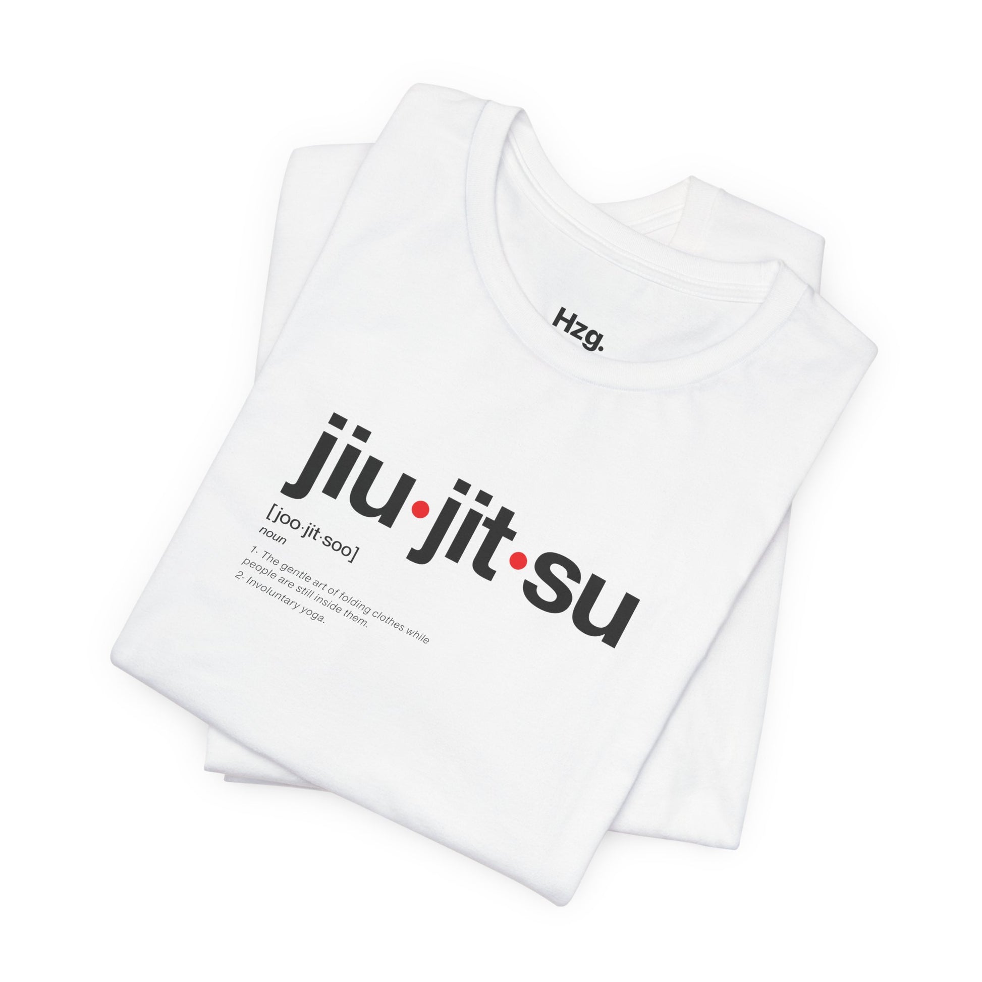White t-shirt with 'jiu jitsu' text and definition on a white background