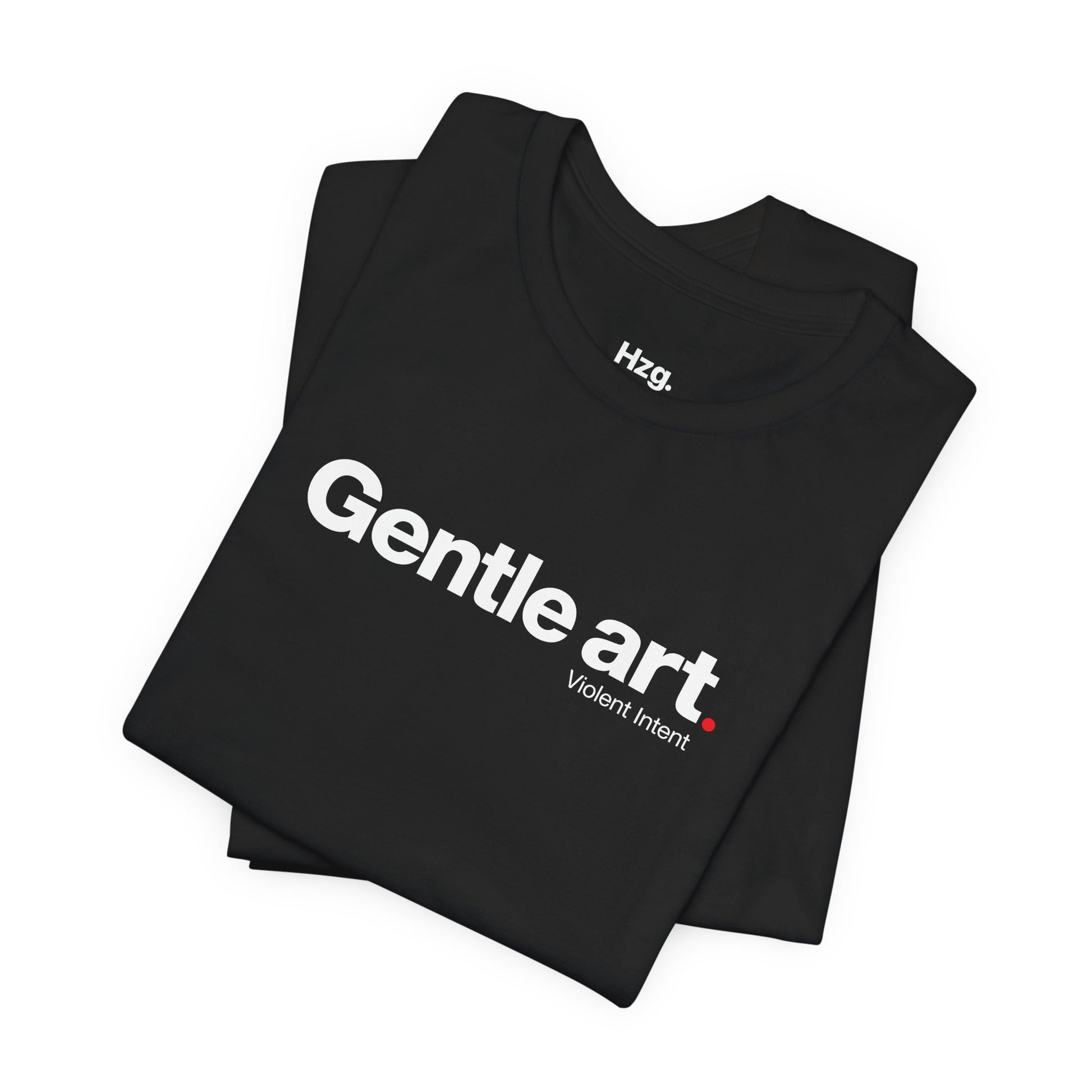 Black t-shirt with 'Gentle art. Violent Intent' text on a white background