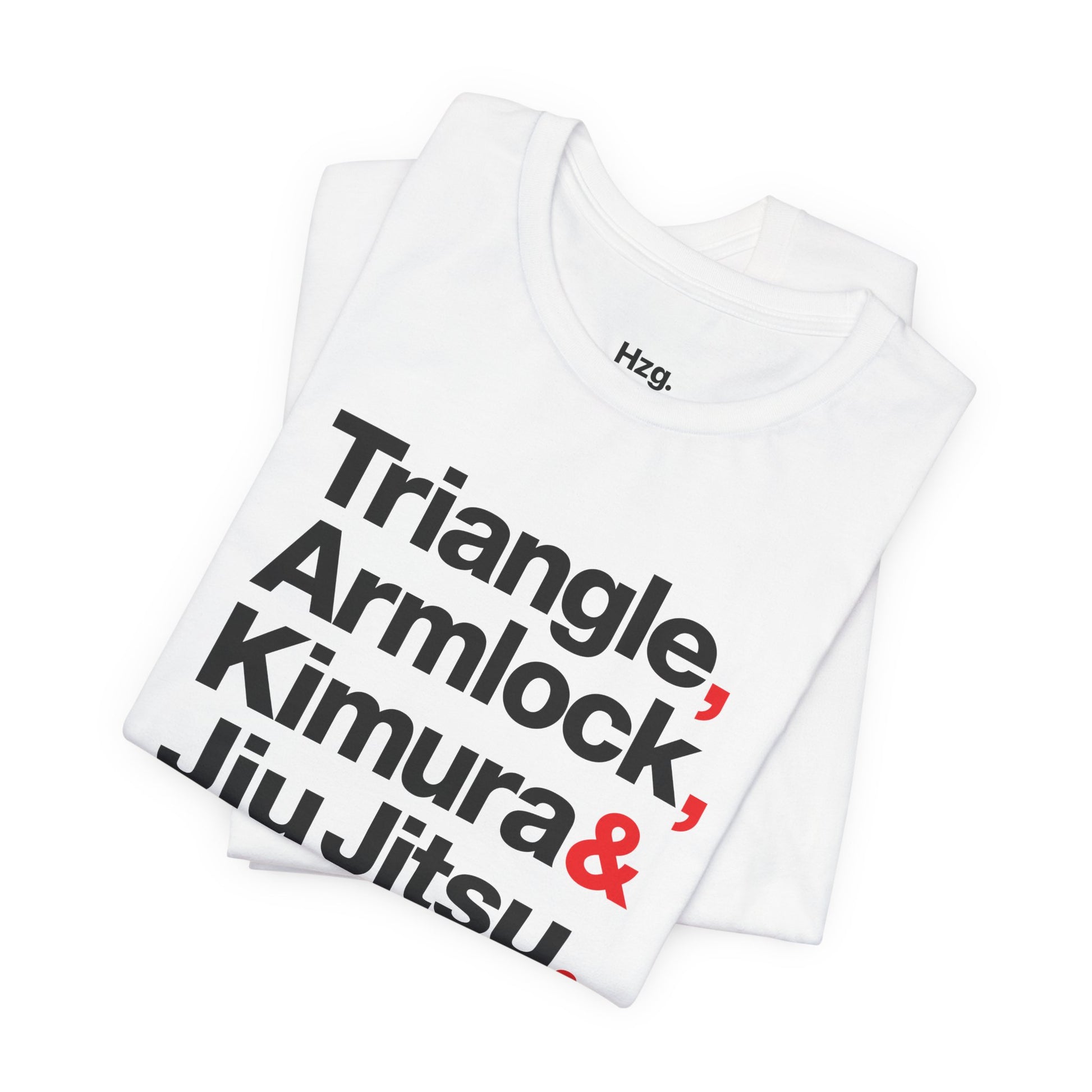 White t-shirt with martial arts terms printed on it against a white background