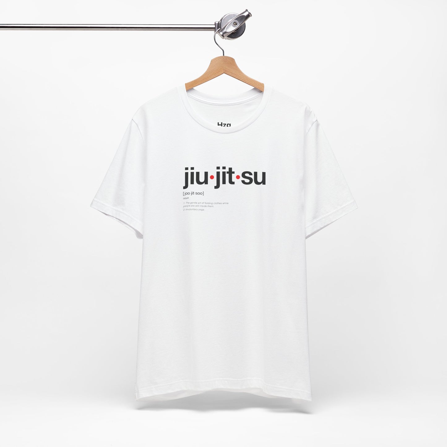 White t-shirt with 'jiu-jitsu' text on a hanger against a white background