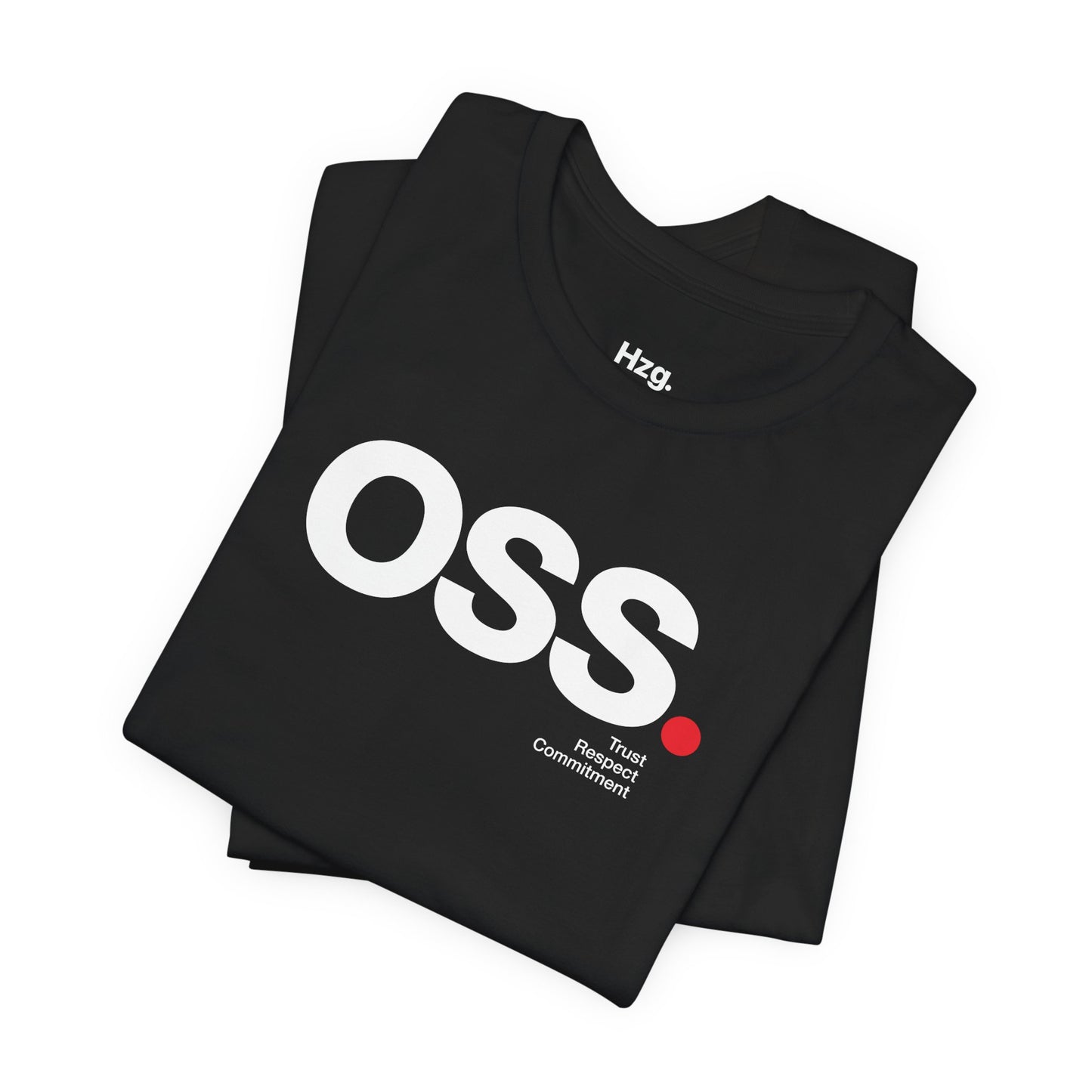 Black t-shirt with 'OSS' logo and text on a white background