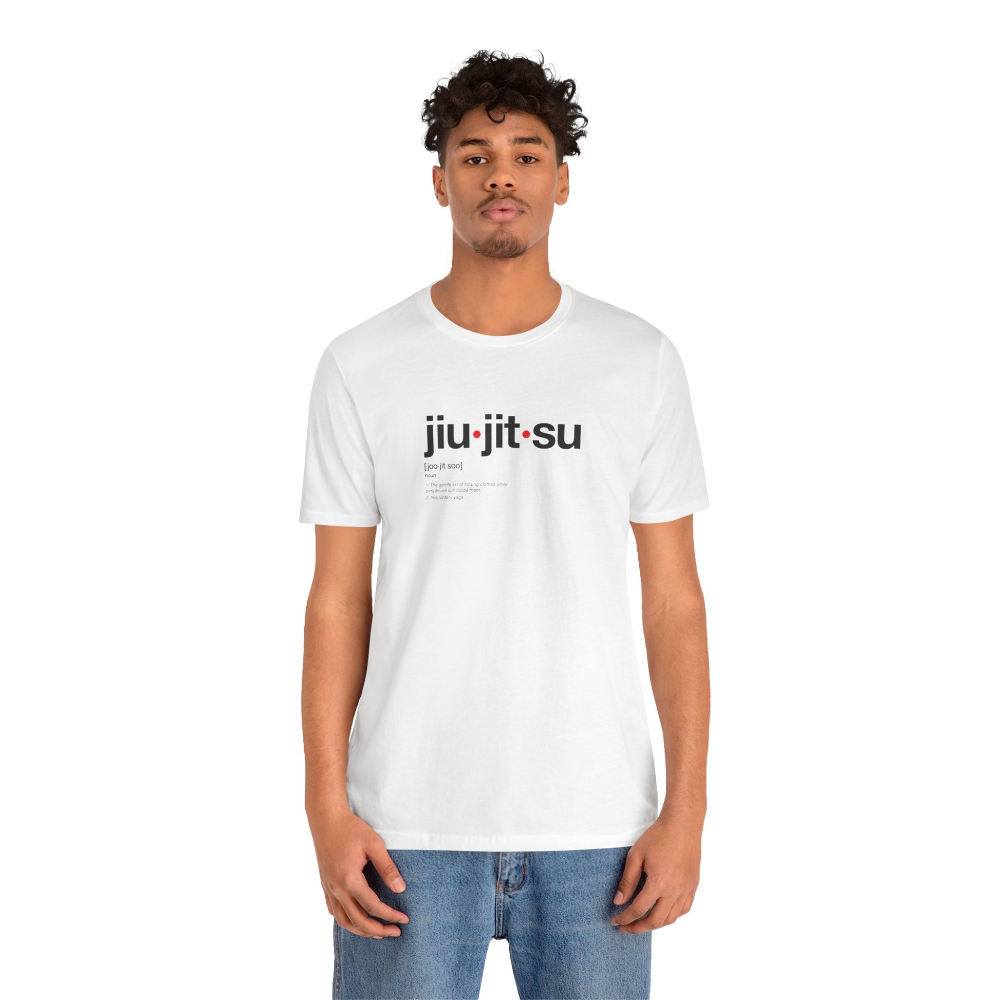Person wearing a white t-shirt with 'jiu-jitsu' text on a white background