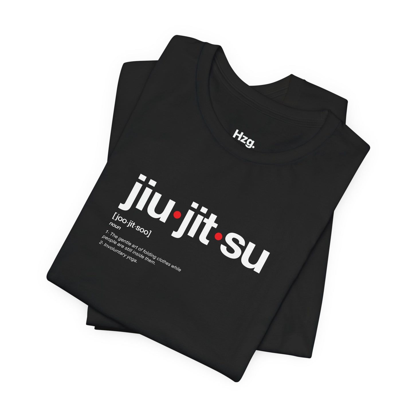 Black t-shirt with 'jiu jitsu' text on a white background