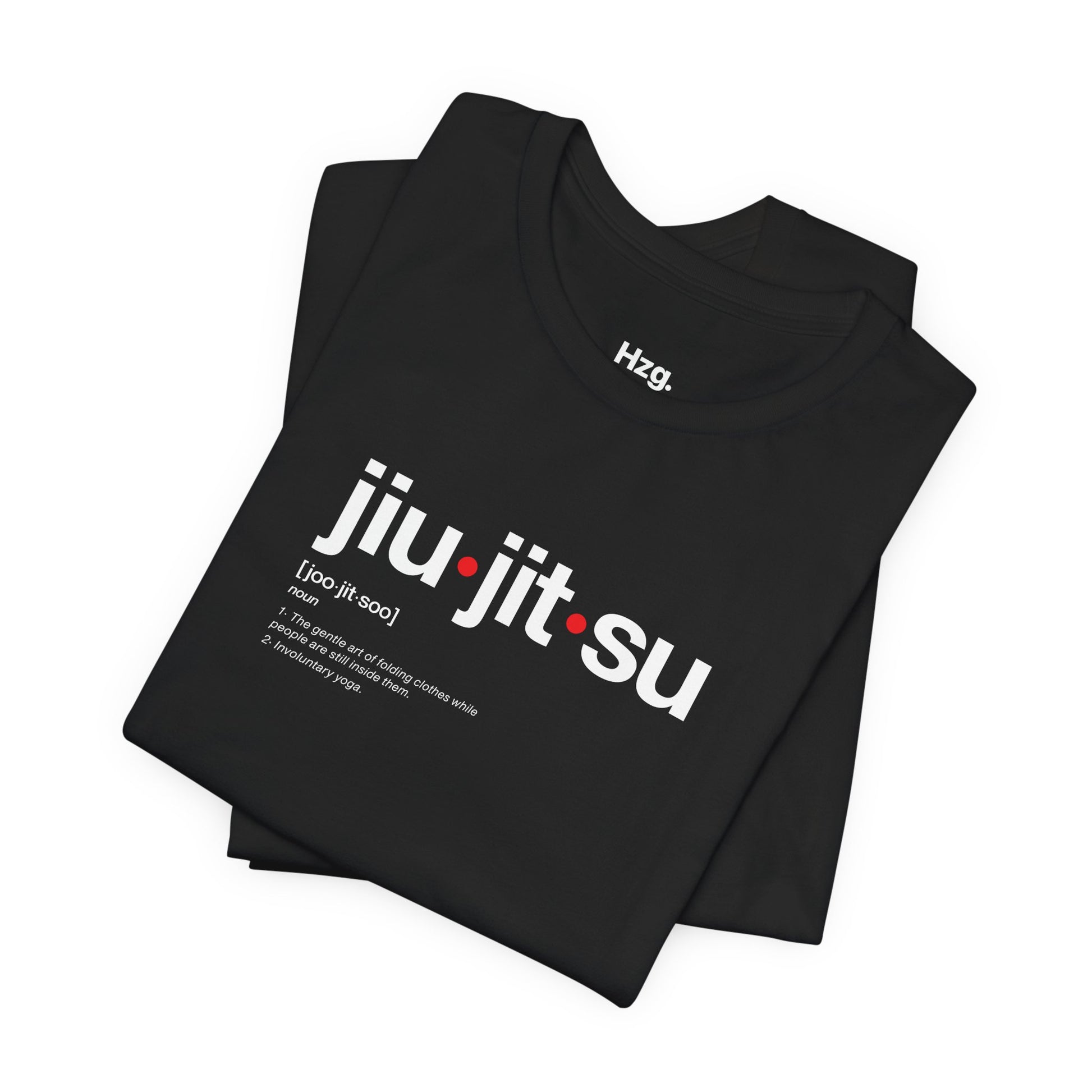 Black t-shirt with 'jiu jitsu' text on a white background